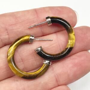 UTC Signed Carved Opaque Tiger Eye Gemstone 1in Sterling Silver Hoop Earrings